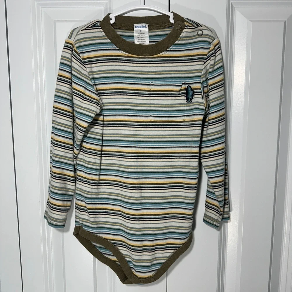 Gymboree Bodysuit Kids 3T Green Blue Striped Long Sleeve Fish Pocket One Piece